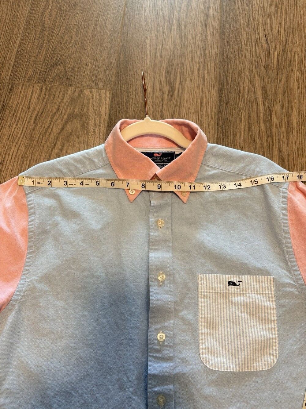 Vineyard Vines Shirt Mens Medium Blue Pink Tucker Slim Pastel Color Block Oxford - Picture 9 of 11